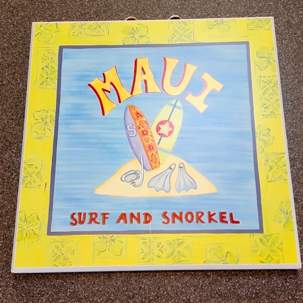 Picture of surfboards, snorkel and fins that says "Maui surf and snorkel".